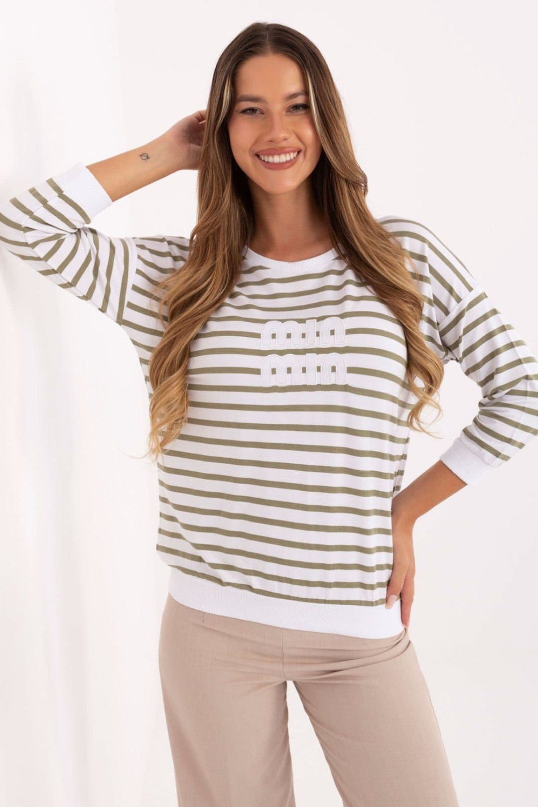 Love Lace Love Lace Women's Micromodal Elastane Striped Patch Blouse in Green