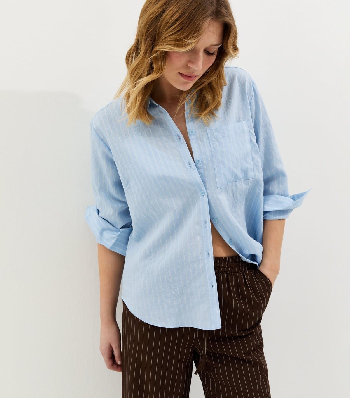 New Look Women's Blue Pinstripe Oversized Pocket Shirt New Look