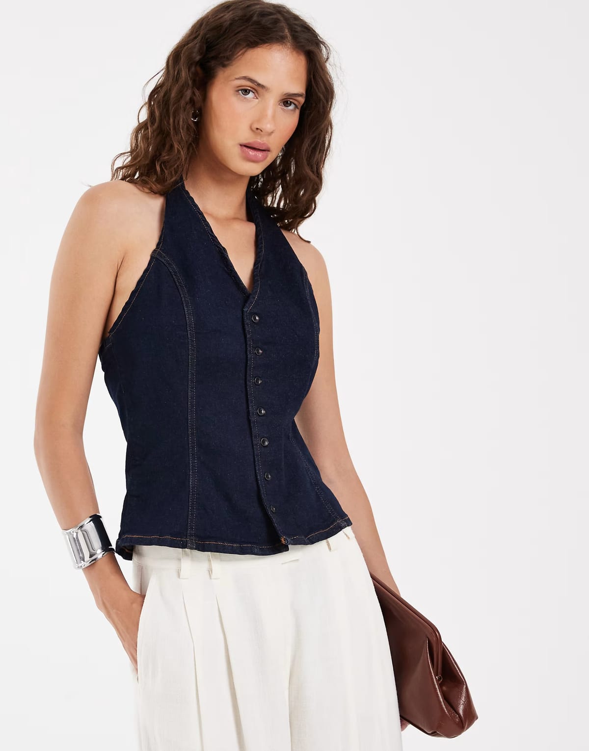 ASOS Pieces halterneck button front denim top in dark blue - 1