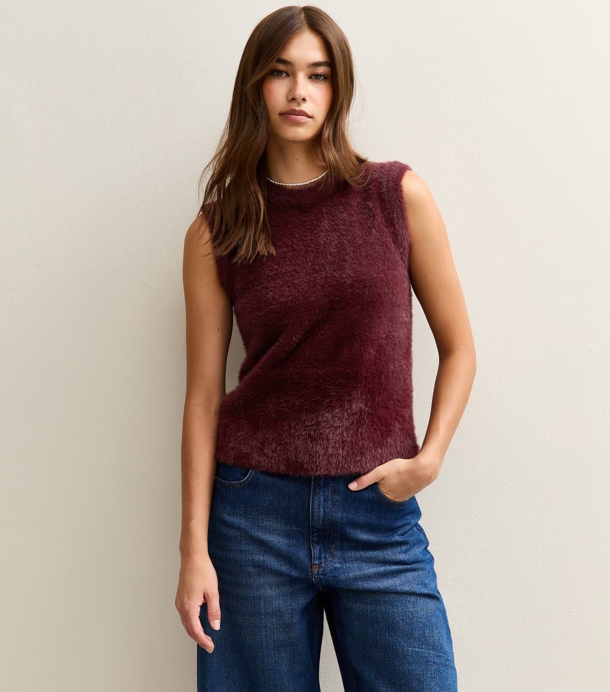 New Look Women's Burgundy Fluffy Knit Tank Top New Look