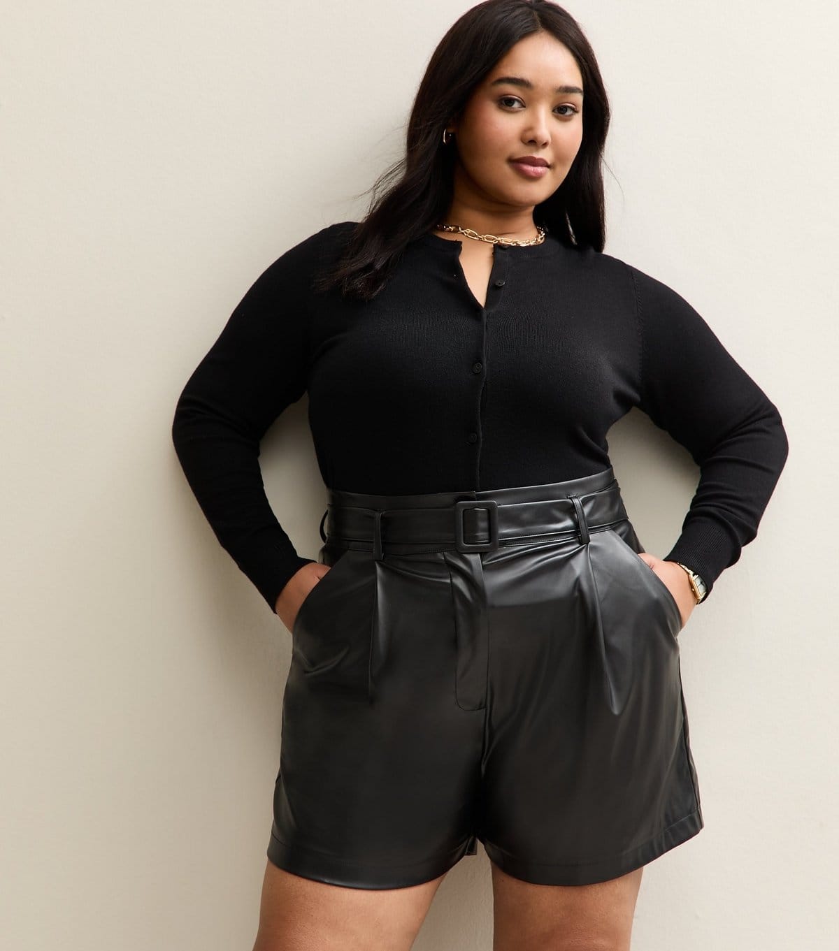 New Look Plus Size Black Faux Leather Belted Shorts