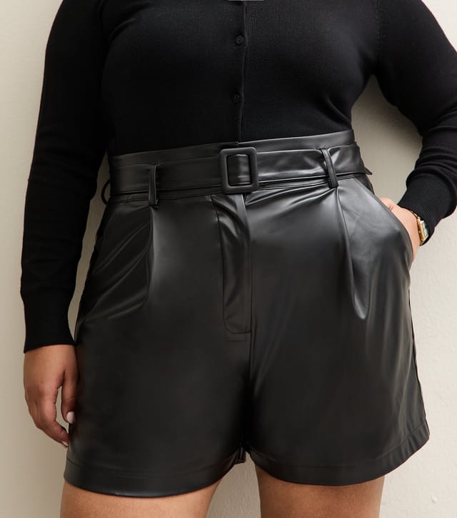 New Look Women's Plus Size Black Faux Leather Belted Shorts Curves New Look - 2