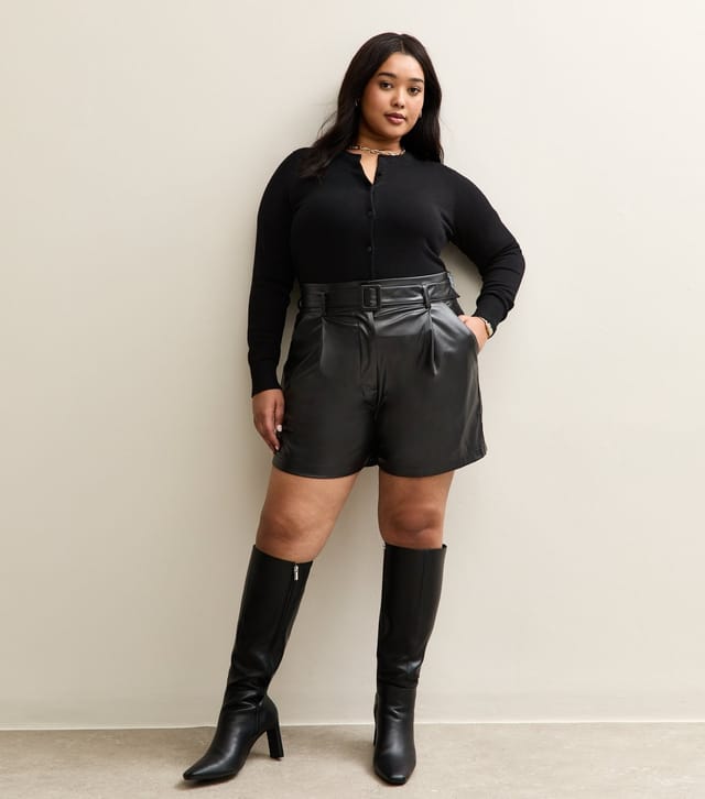 New Look Women's Plus Size Black Faux Leather Belted Shorts Curves New Look - 3