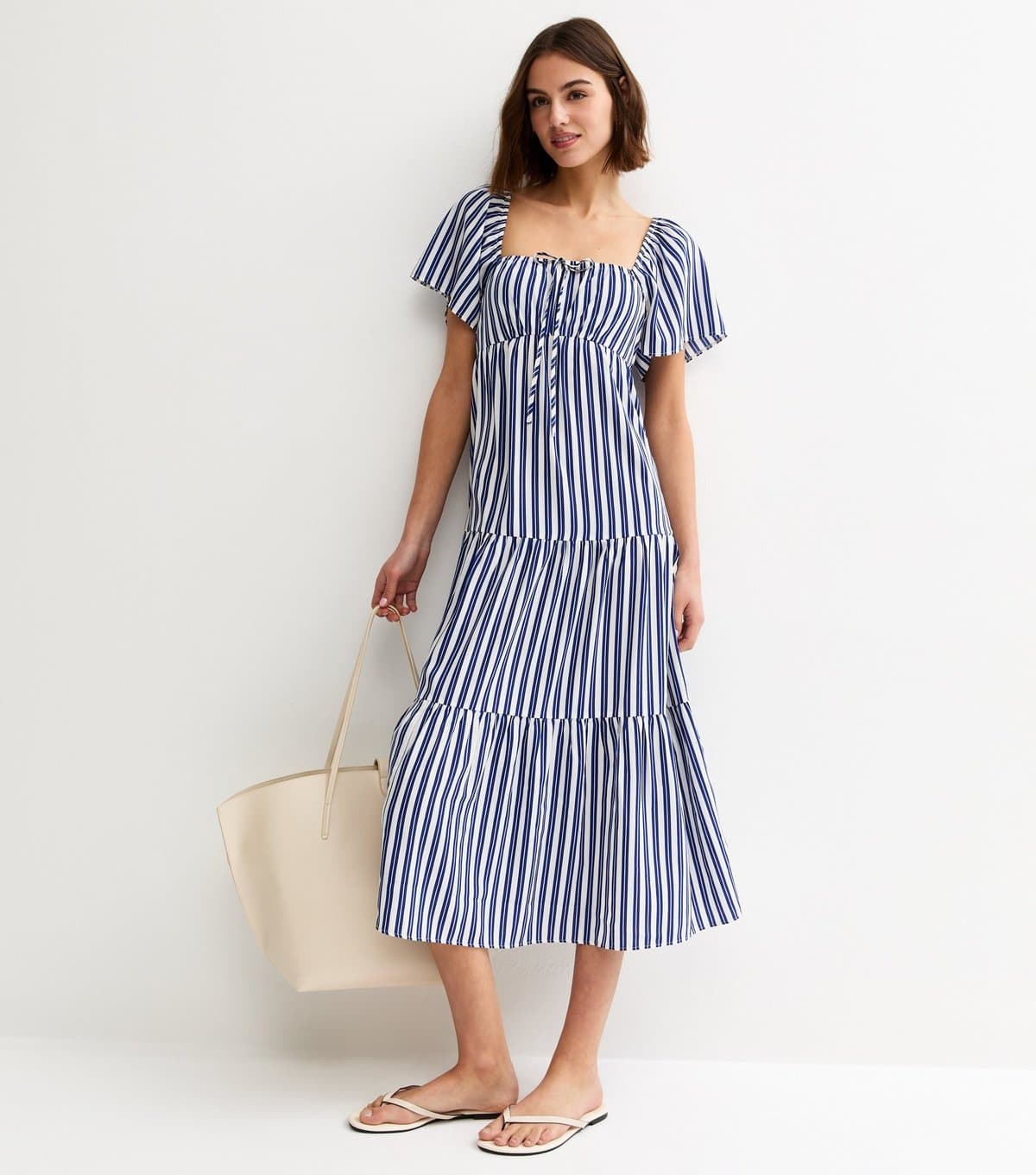 New Look Women's Blue and White Crepe Stripe Tiered Midi Dress New Look