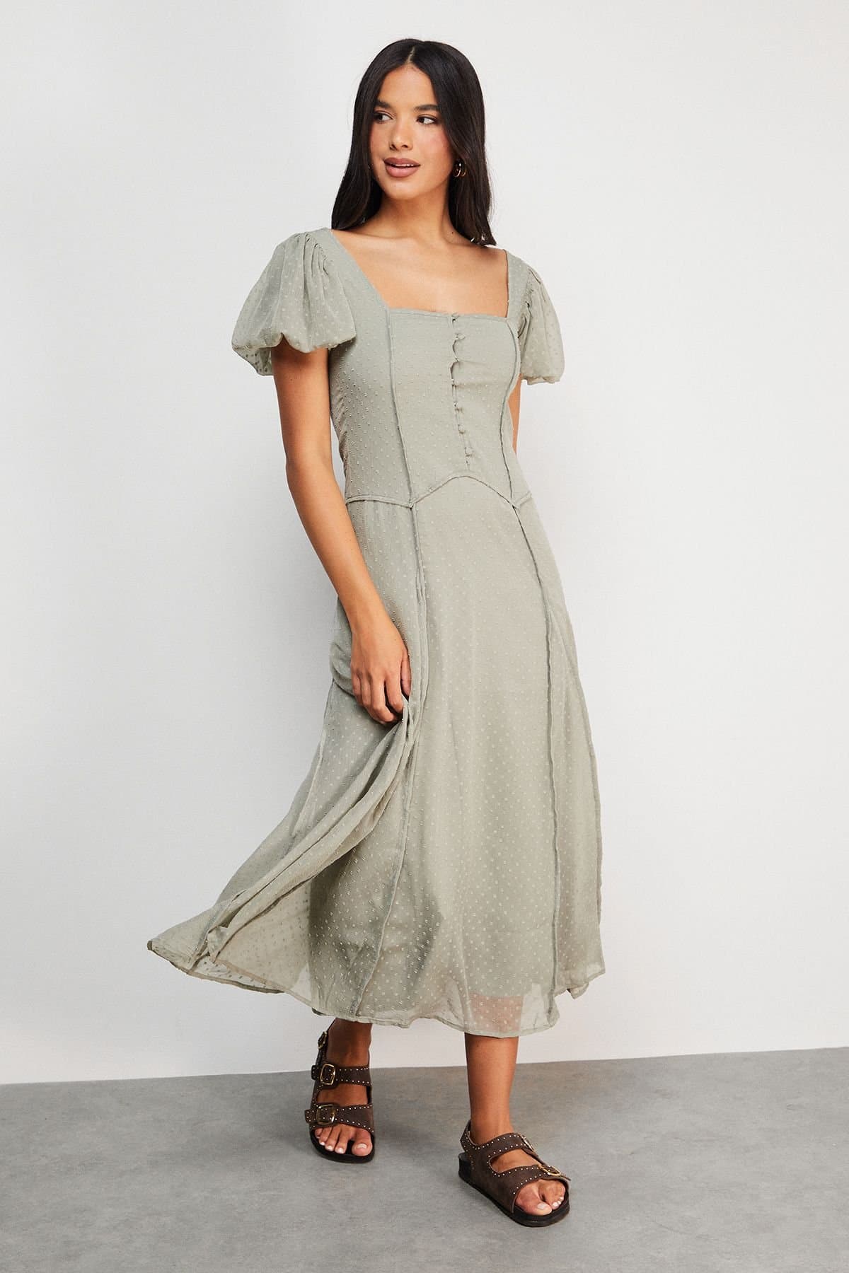 Warehouse Warehouse Women's Dobby Chiffon Button Bodice Godet Seam Midi Tea Dress in Khaki
