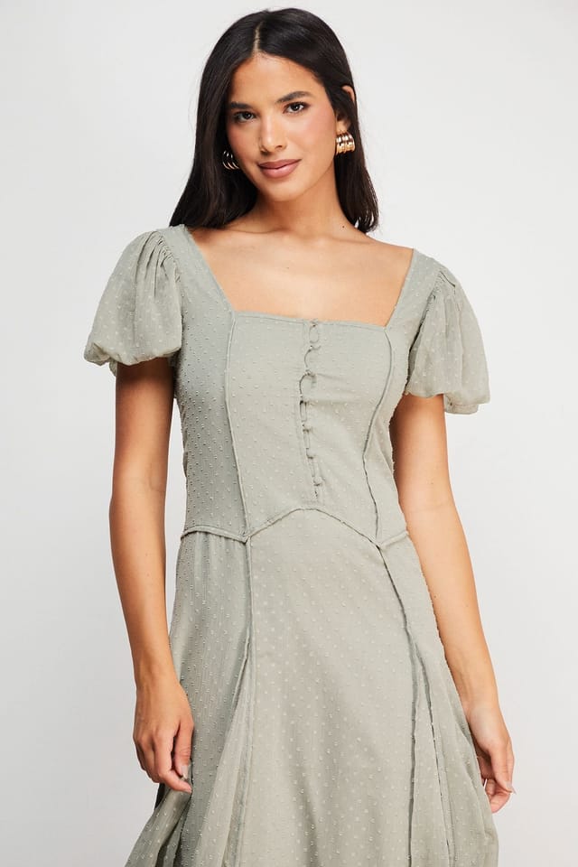 Warehouse Warehouse Women's Dobby Chiffon Button Bodice Godet Seam Midi Tea Dress in Khaki - 2