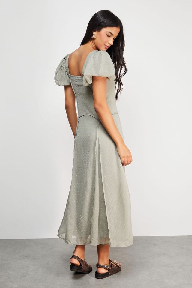 Warehouse Warehouse Women's Dobby Chiffon Button Bodice Godet Seam Midi Tea Dress in Khaki - 3