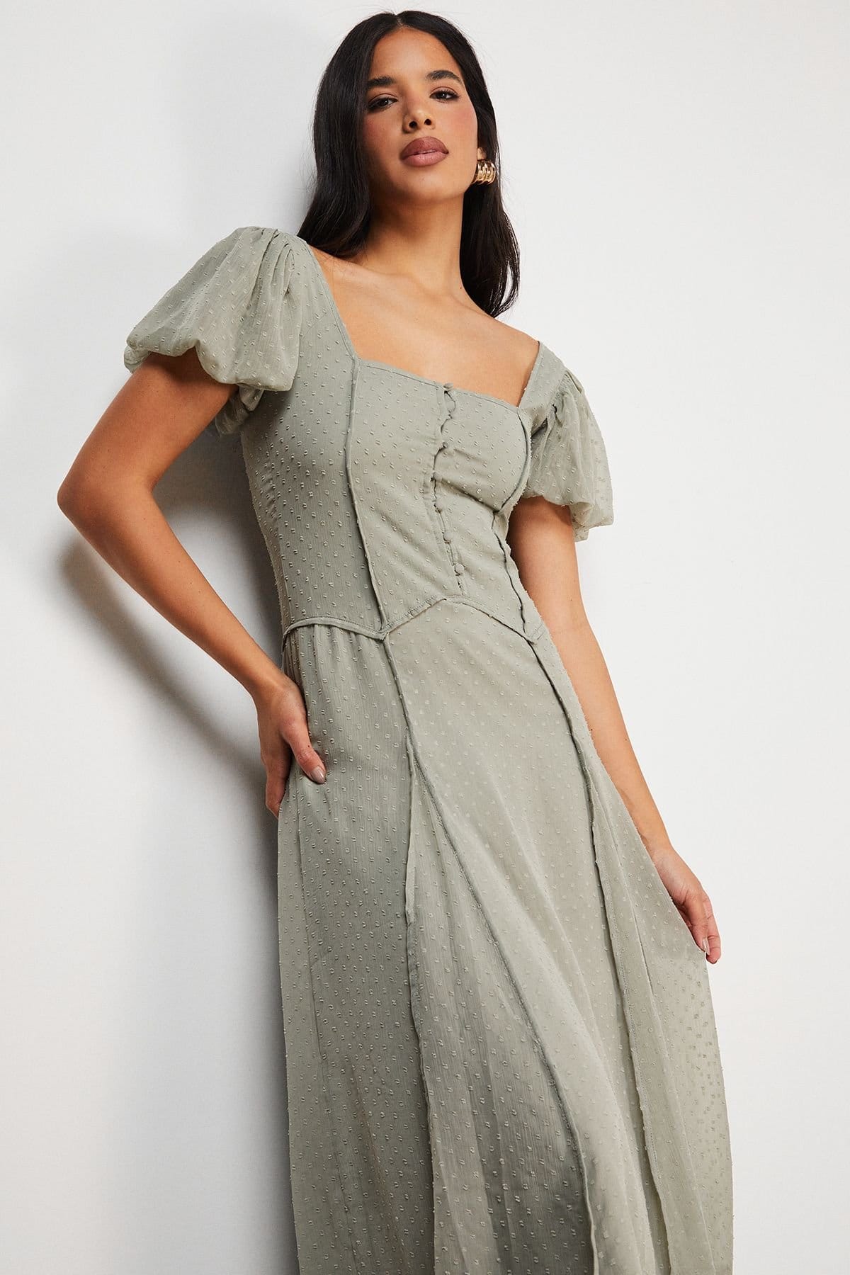Warehouse Warehouse Women's Dobby Chiffon Button Bodice Godet Seam Midi Tea Dress in Khaki - 4