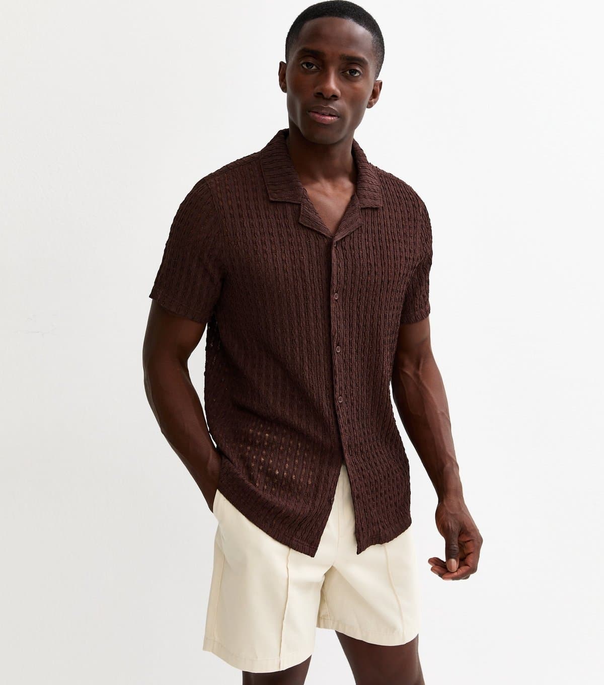 New Look Men's Dark Brown Boxy Textured Knit Shirt New Look