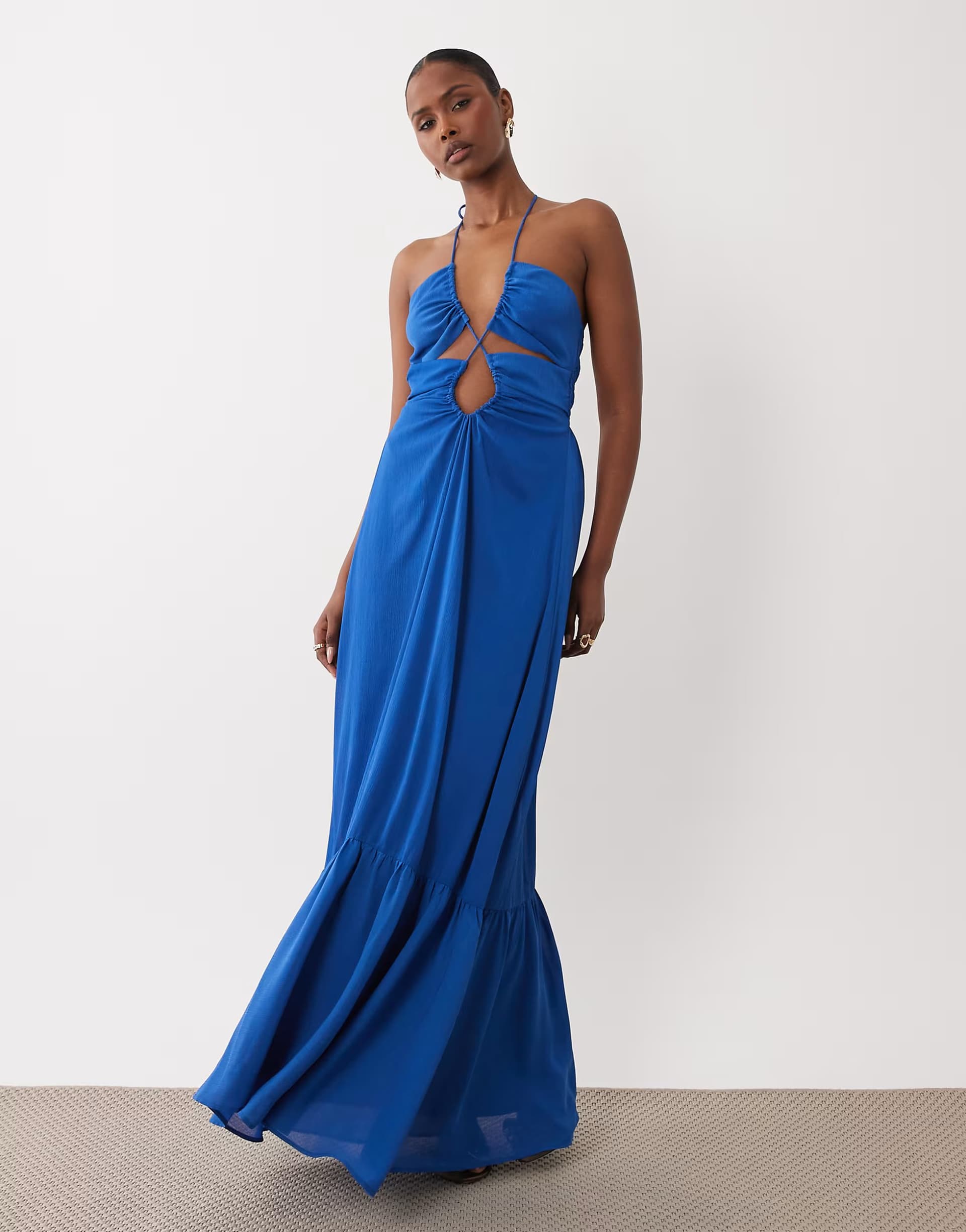 ASOS TFNC chiffon cut out detail halter neck maxi dress in cobalt blue