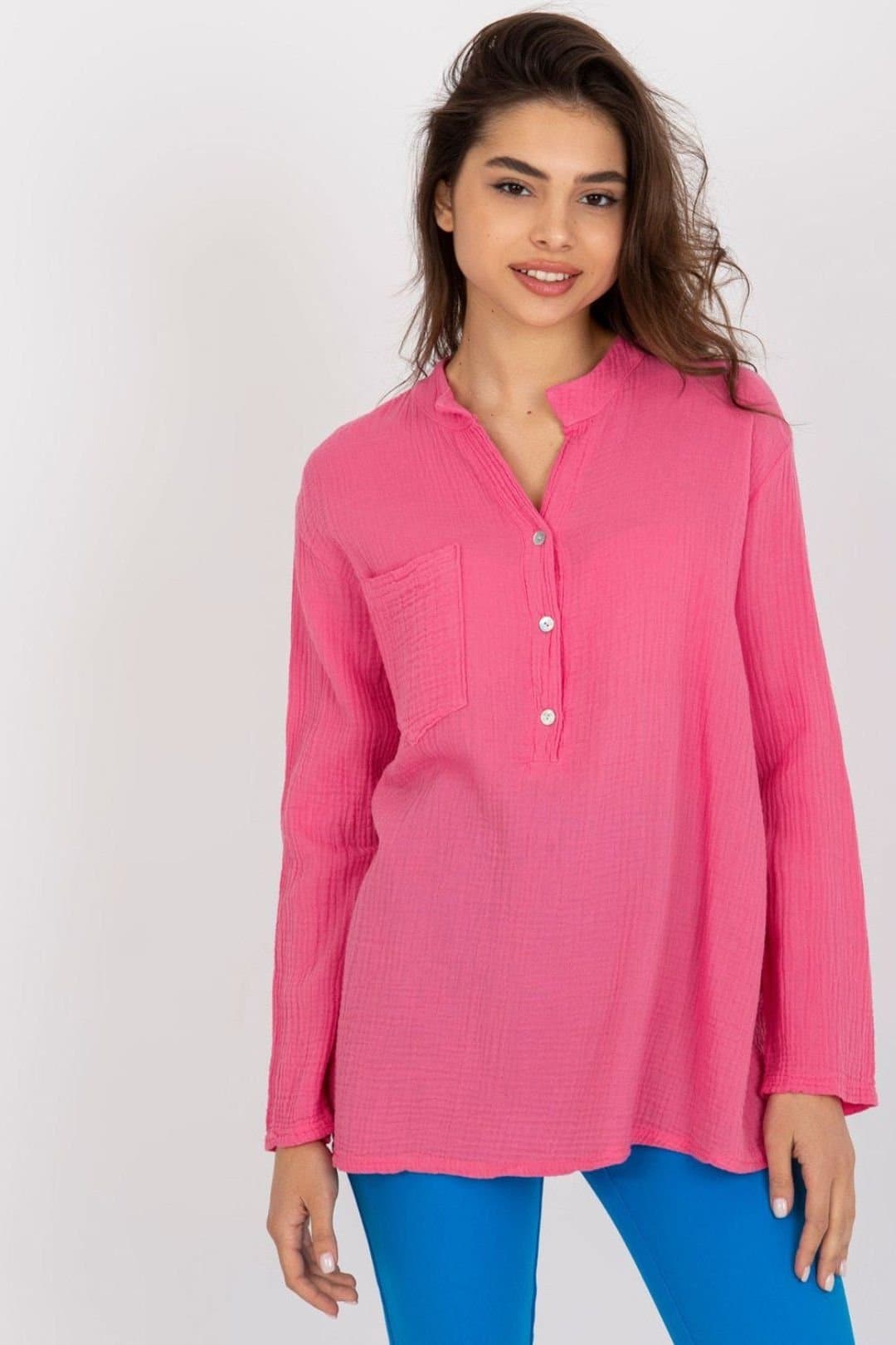 Love Lace Love Lace Women's Loose Muslin V Neck Button Blouse with Pocket in Pink
