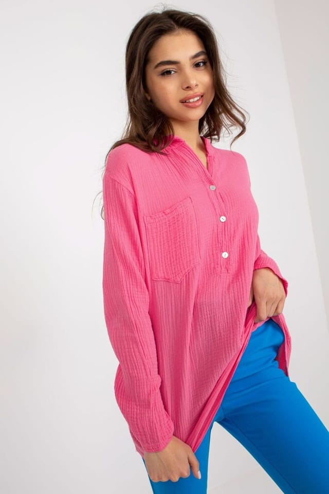 Love Lace Love Lace Women's Loose Muslin V Neck Button Blouse with Pocket in Pink - 2