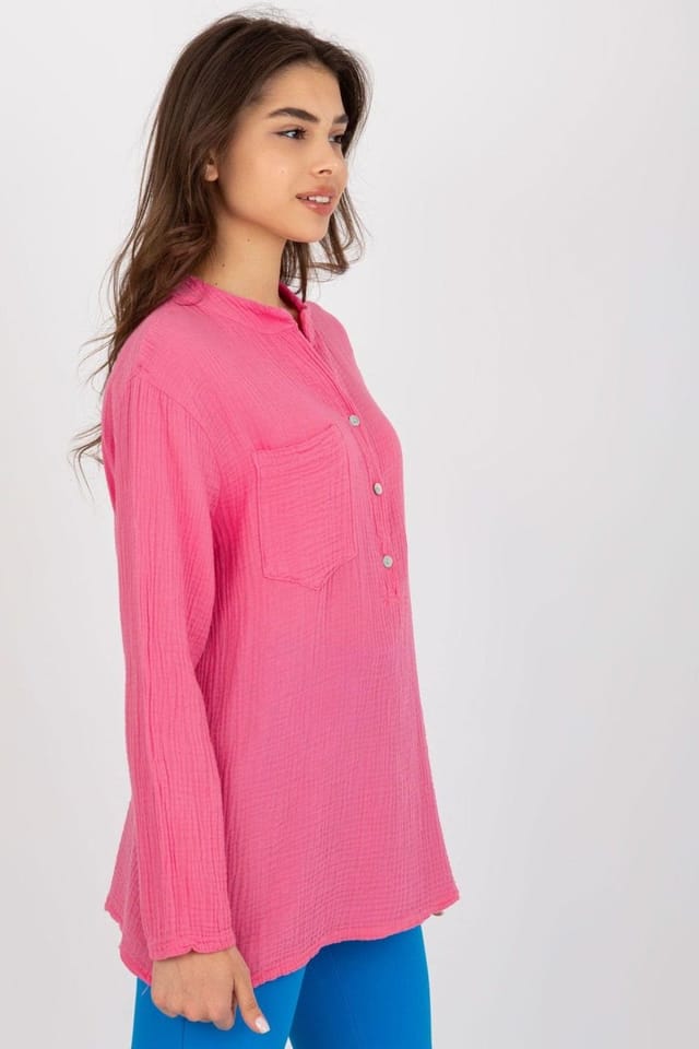 Love Lace Love Lace Women's Loose Muslin V Neck Button Blouse with Pocket in Pink - 3