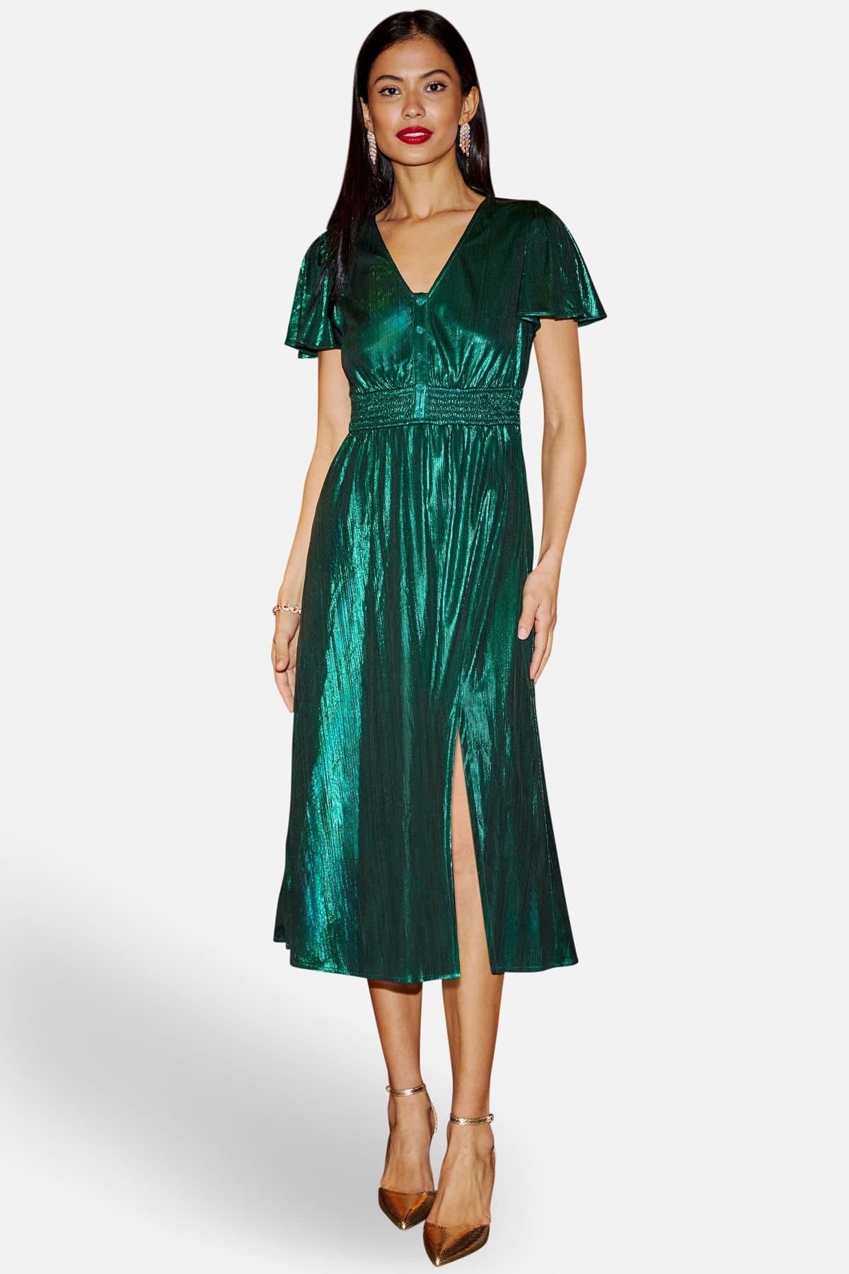 Yumi Yumi Women's Green Metallic Ruched Midi Dress