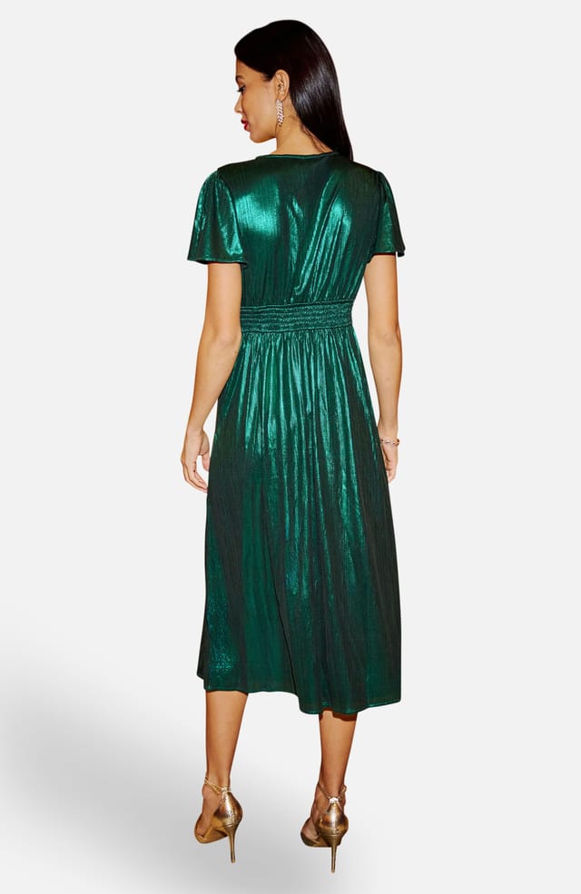 Yumi Yumi Women's Green Metallic Ruched Midi Dress - 2