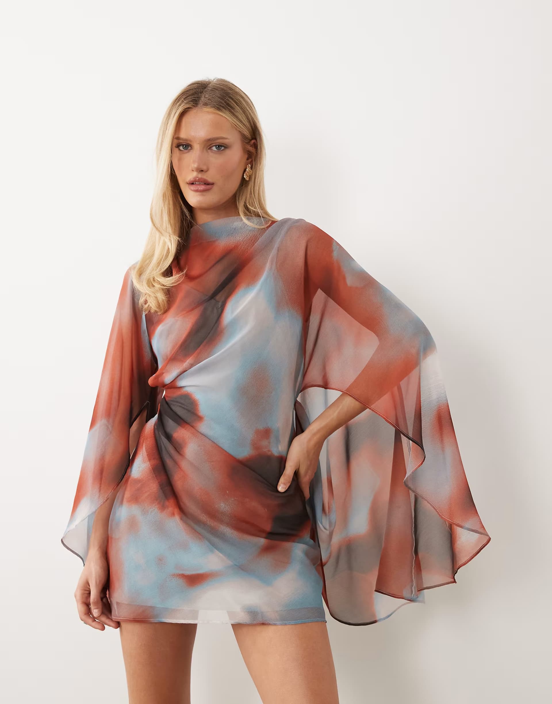 ASOS ASOS DESIGN high neck drape front extreme cape sleeve mini dress in abstract print