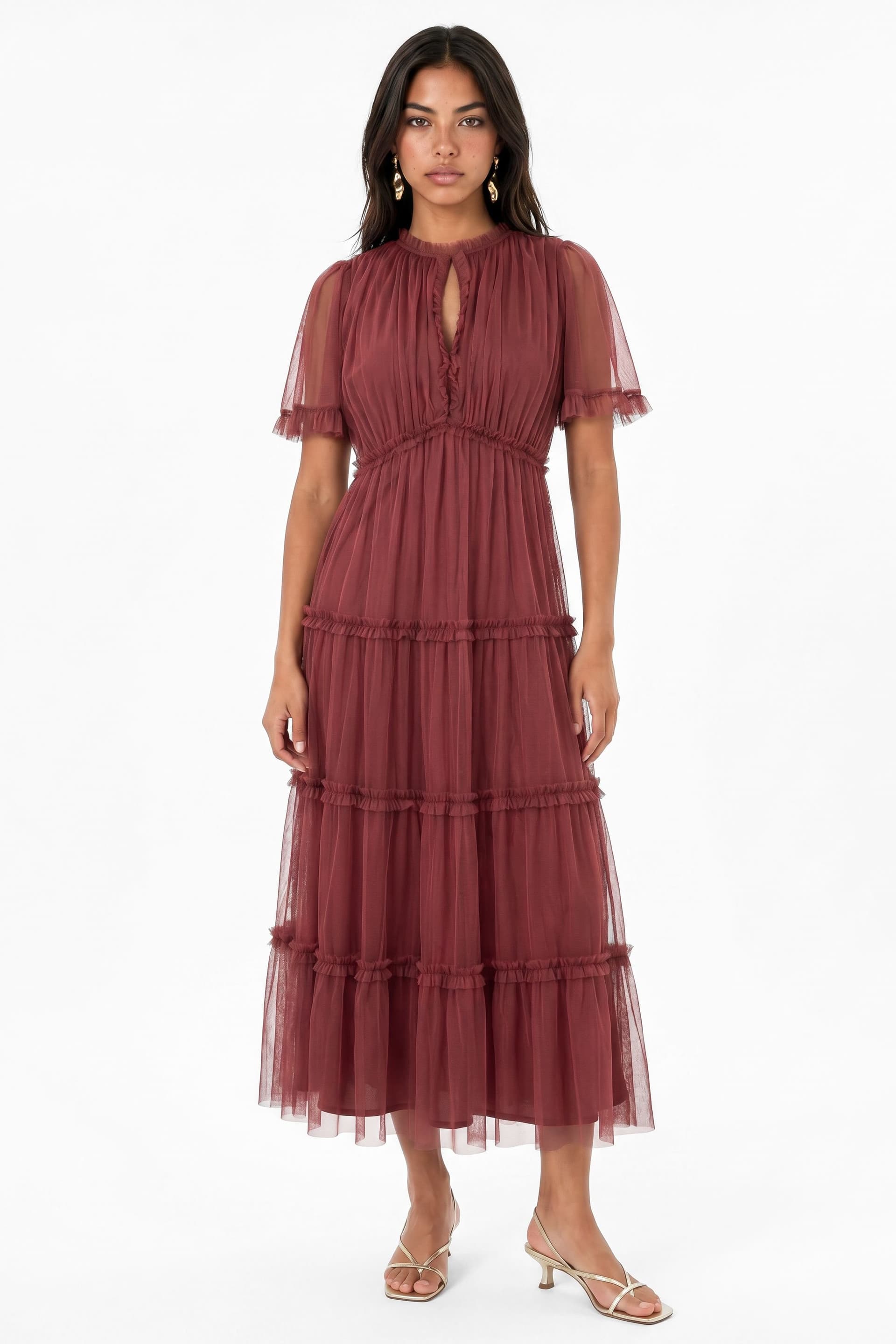 Anaya with Love Anaya with Love Women's Keyhole Detail Short Sleeve Frill Midaxi Dress in Burgundy