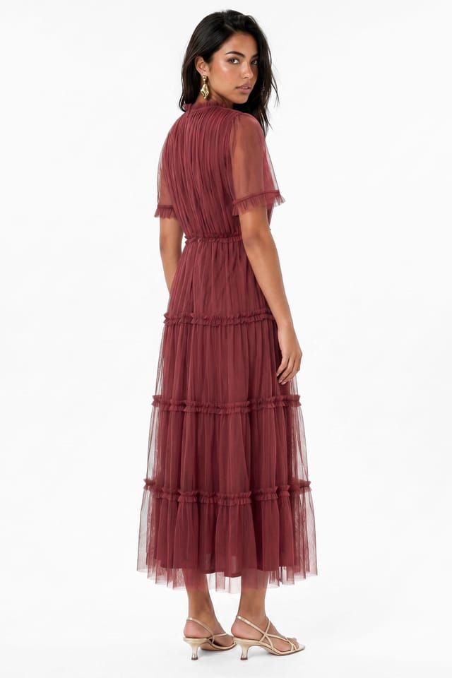 Anaya with Love Anaya with Love Women's Keyhole Detail Short Sleeve Frill Midaxi Dress in Burgundy - 2