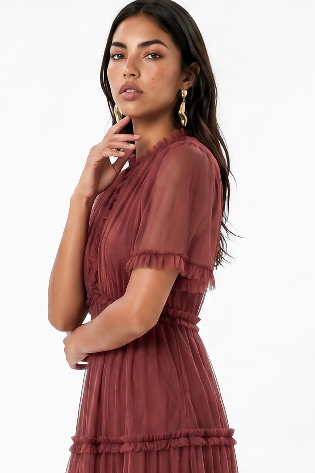 Anaya with Love Anaya with Love Women's Keyhole Detail Short Sleeve Frill Midaxi Dress in Burgundy - 3