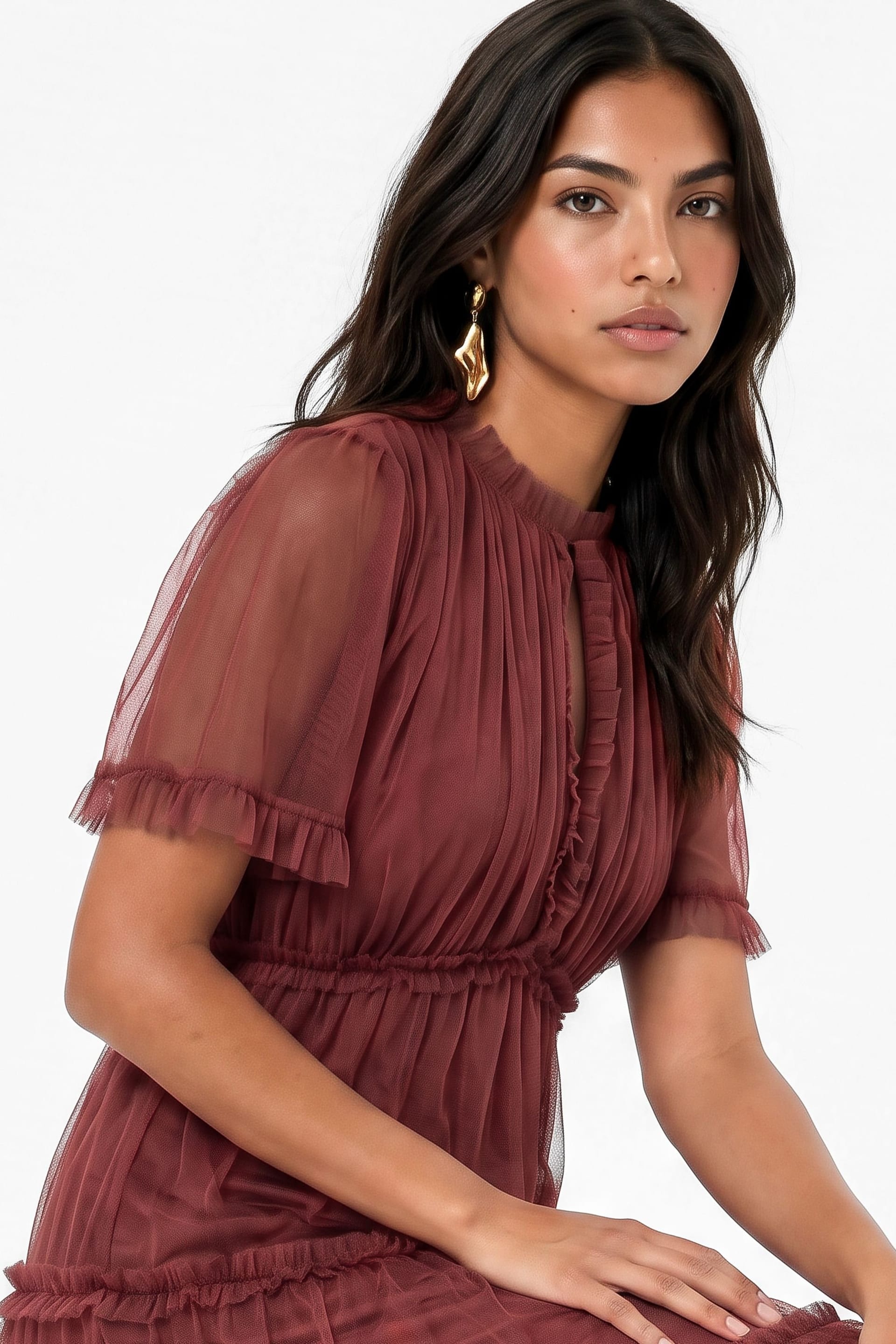 Anaya with Love Anaya with Love Women's Keyhole Detail Short Sleeve Frill Midaxi Dress in Burgundy - 4