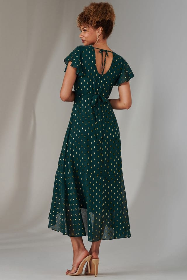 Jolie Moi Jolie Moi Women's Metallic Spot Textured Chiffon Maxi Dres in Dark Green - 2