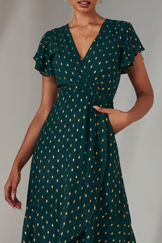 Jolie Moi Jolie Moi Women's Metallic Spot Textured Chiffon Maxi Dres in Dark Green - 3