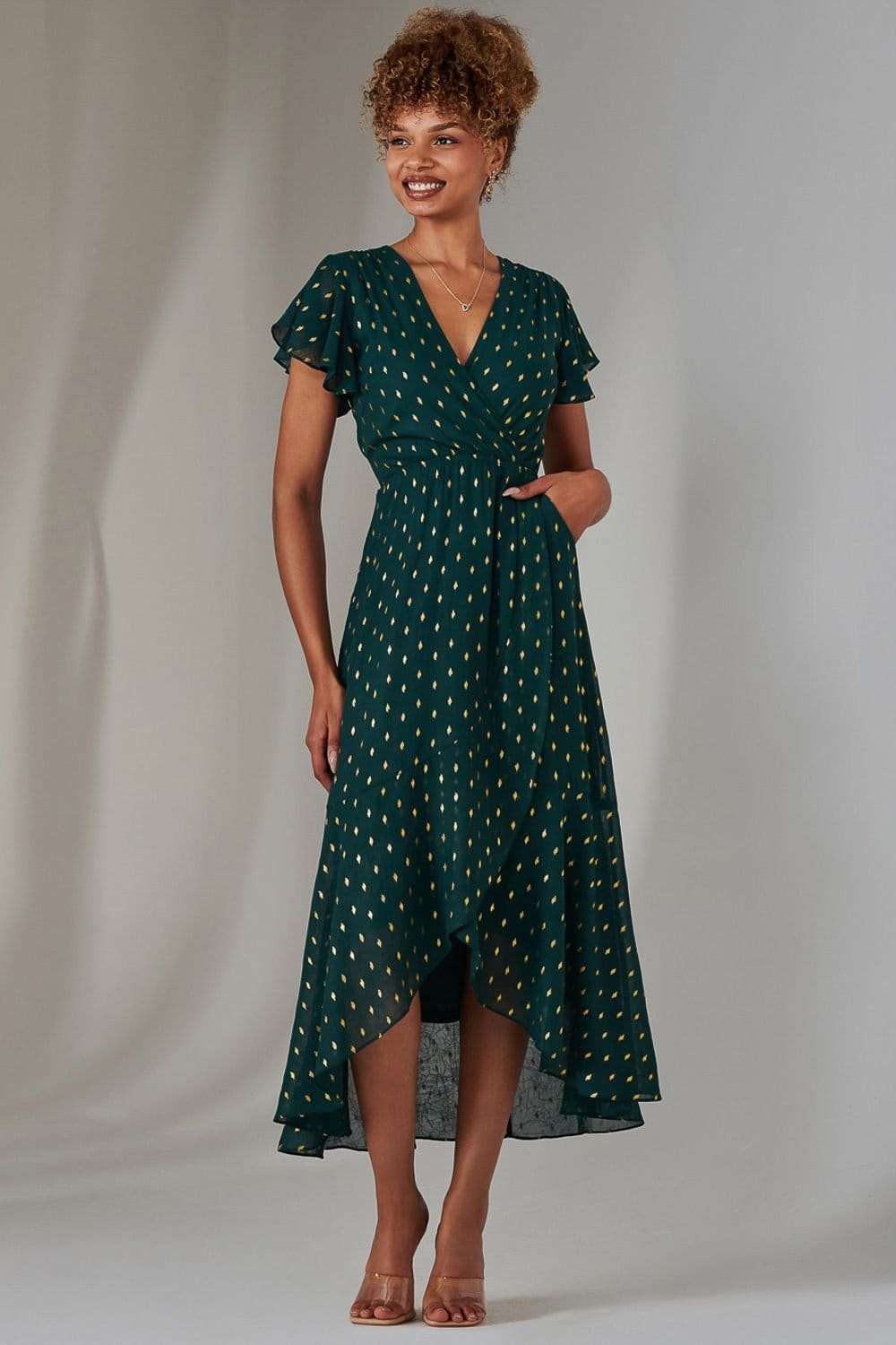 Jolie Moi Jolie Moi Women's Metallic Spot Textured Chiffon Maxi Dres in Dark Green - 4