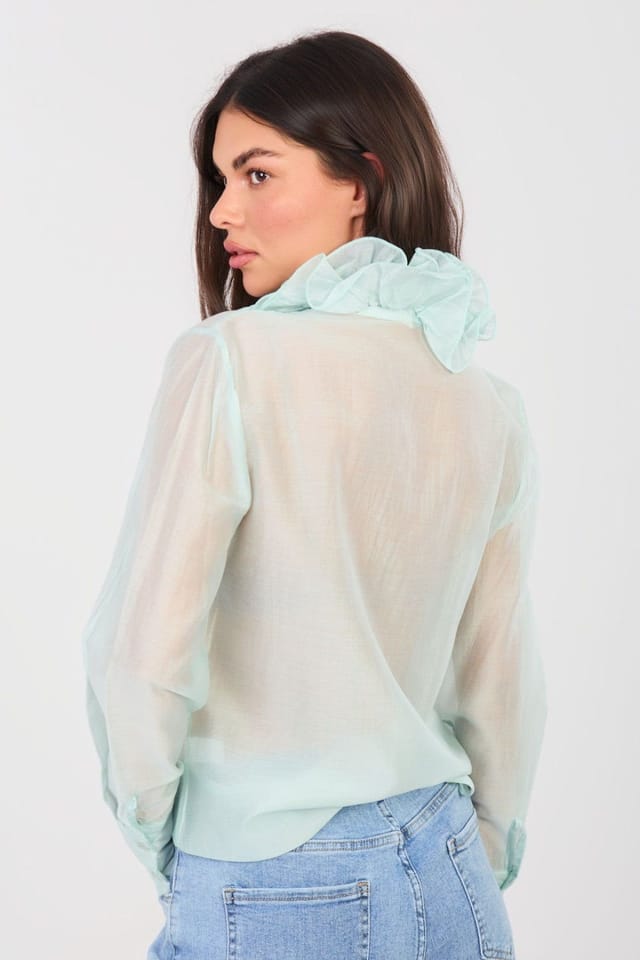 Love Lace Love Lace Women's Sheer Jabot Stand Collar Long Sleeve Shirt in Green - 3