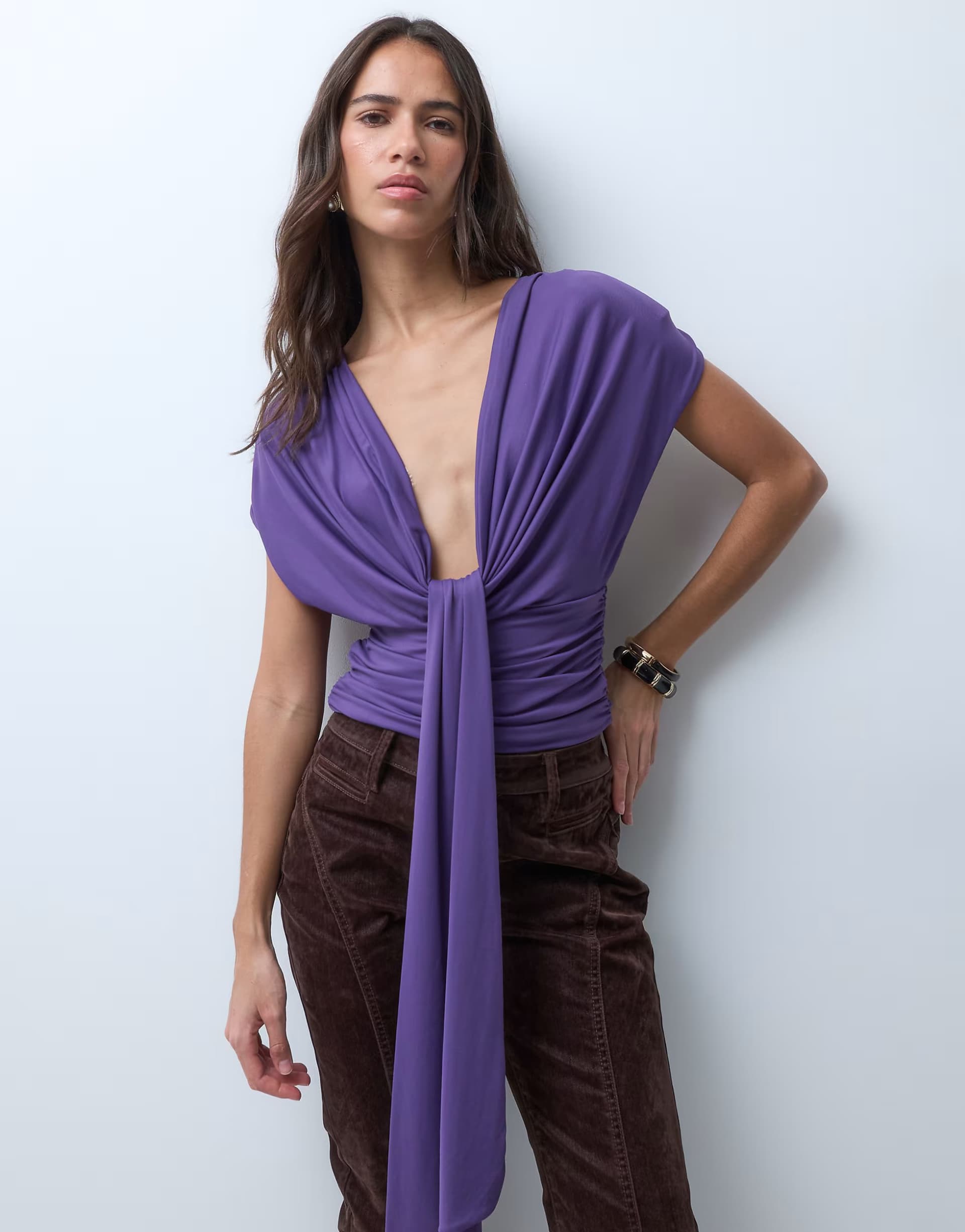 ASOS ASOS DESIGN shoulder pad draped top in plum
