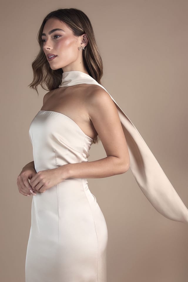 Oasis Oasis Women's Bandeau Satin Maxi Wedding Dress With Scarf in Champagne - 2