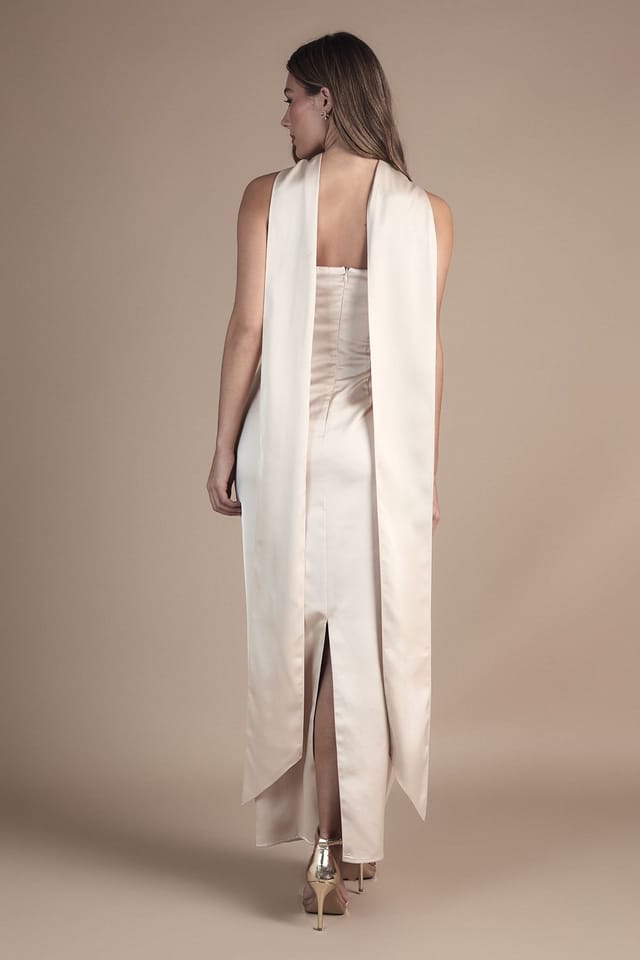 Oasis Oasis Women's Bandeau Satin Maxi Wedding Dress With Scarf in Champagne - 3