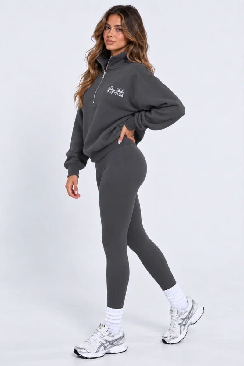 BCouture BCouture Women's Oversized Half-Zip Sweatshirt & Leggings Set in Dark Grey
