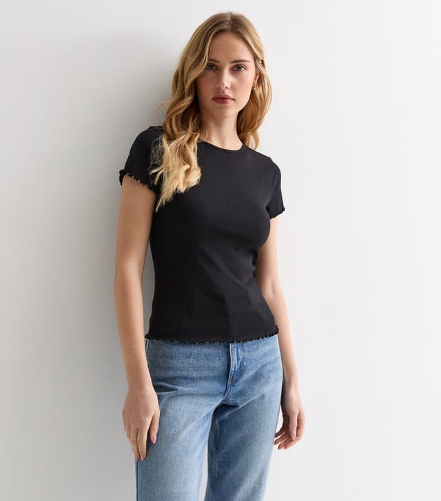 New Look Women's Black Soft Stretch-Cotton Frill-Trim T-Shirt New Look - 2