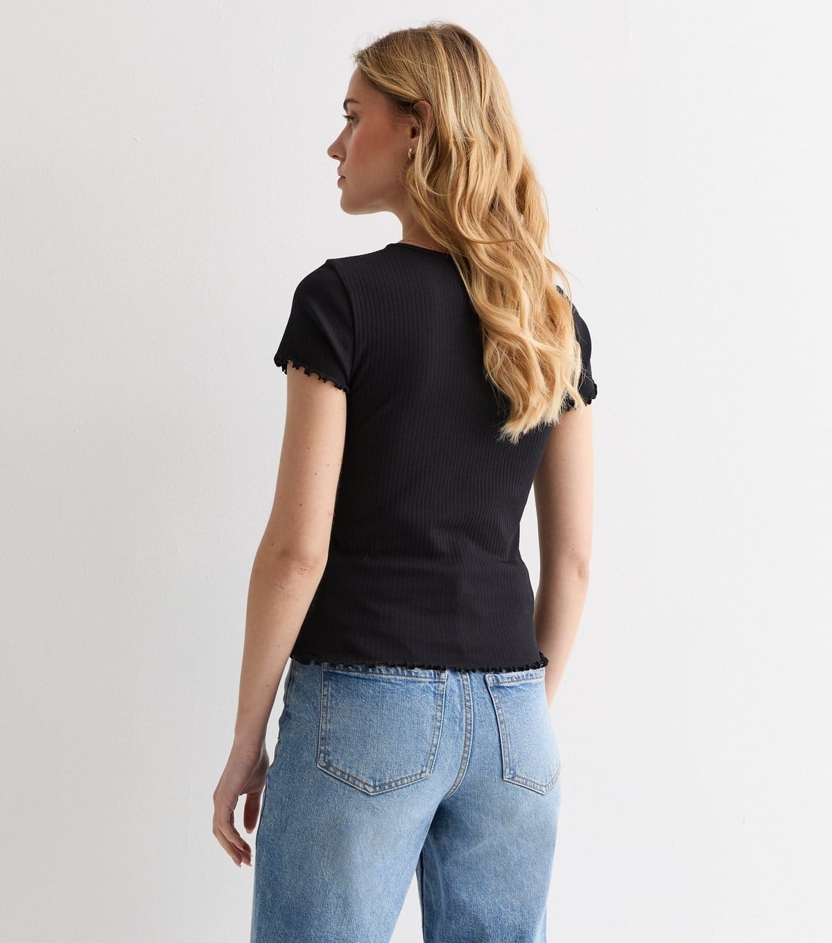 New Look Women's Black Soft Stretch-Cotton Frill-Trim T-Shirt New Look - 4
