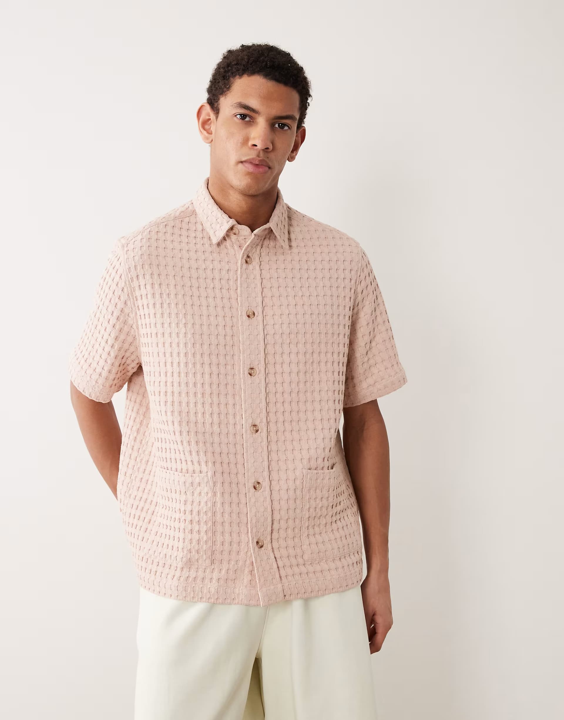 ASOS ASOS DESIGN premium relaxed waffle texture shirt in pink
