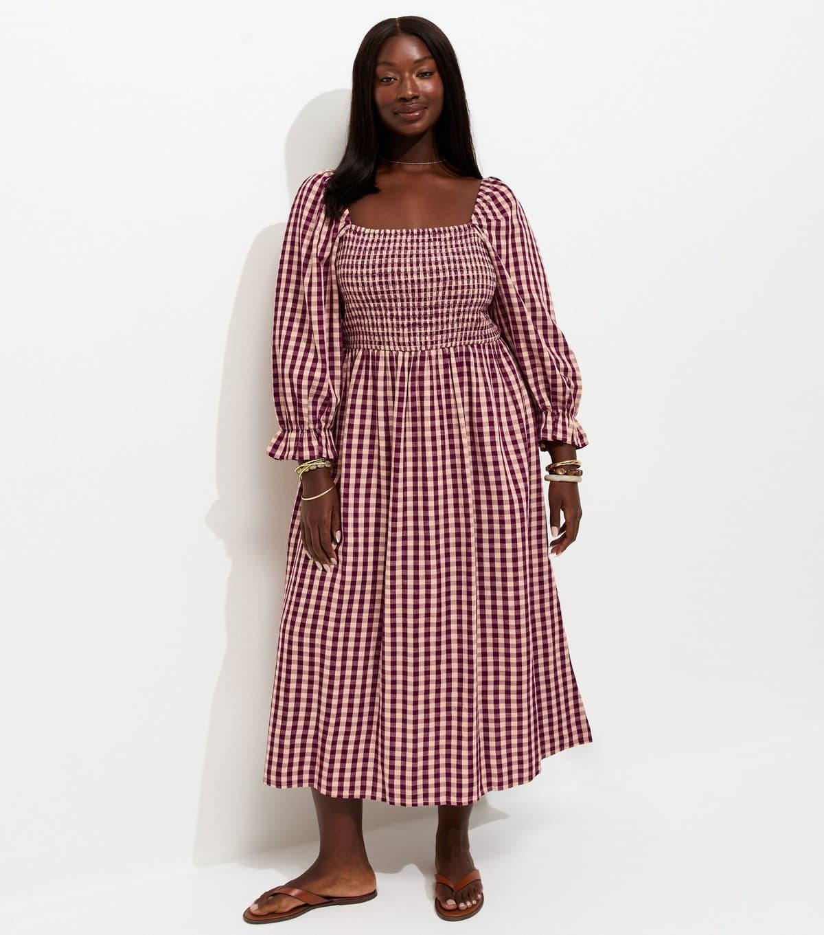 New Look Women's Plus Size Pink Cotton Blend Gingham Print Cropped Sleeve Shirred Midi Dress Curves New Look