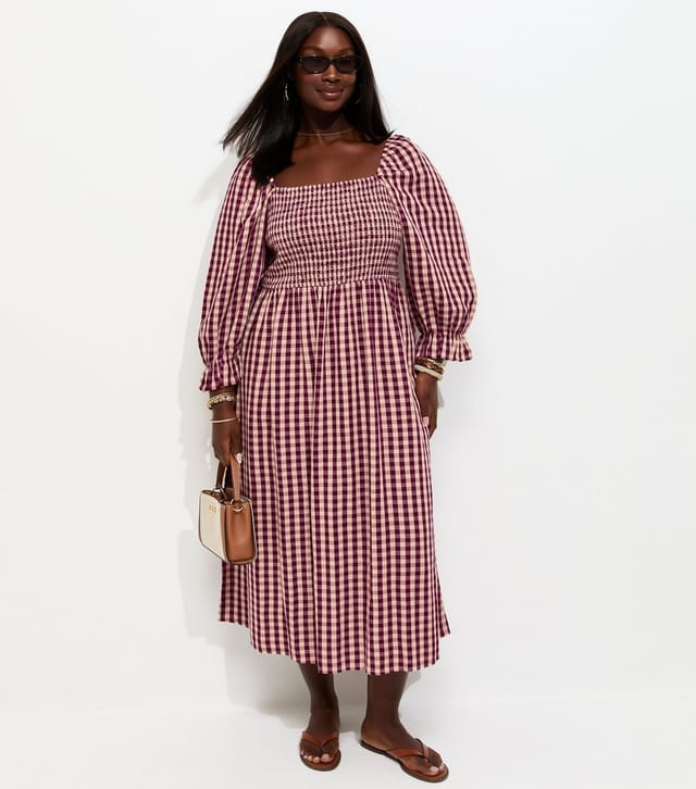 New Look Women's Plus Size Pink Cotton Blend Gingham Print Cropped Sleeve Shirred Midi Dress Curves New Look - 3