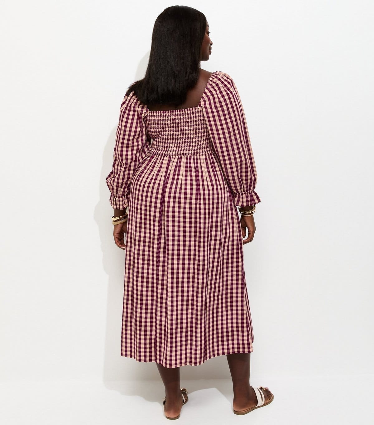 New Look Women's Plus Size Pink Cotton Blend Gingham Print Cropped Sleeve Shirred Midi Dress Curves New Look - 4