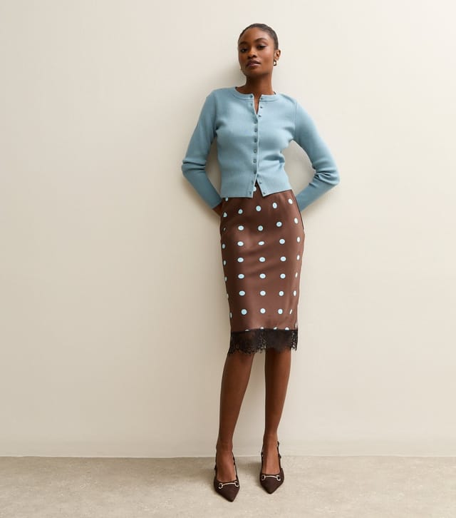 New Look Women's Brown Satin Polka Dot Lace Hem Midi Skirt New Look - 3