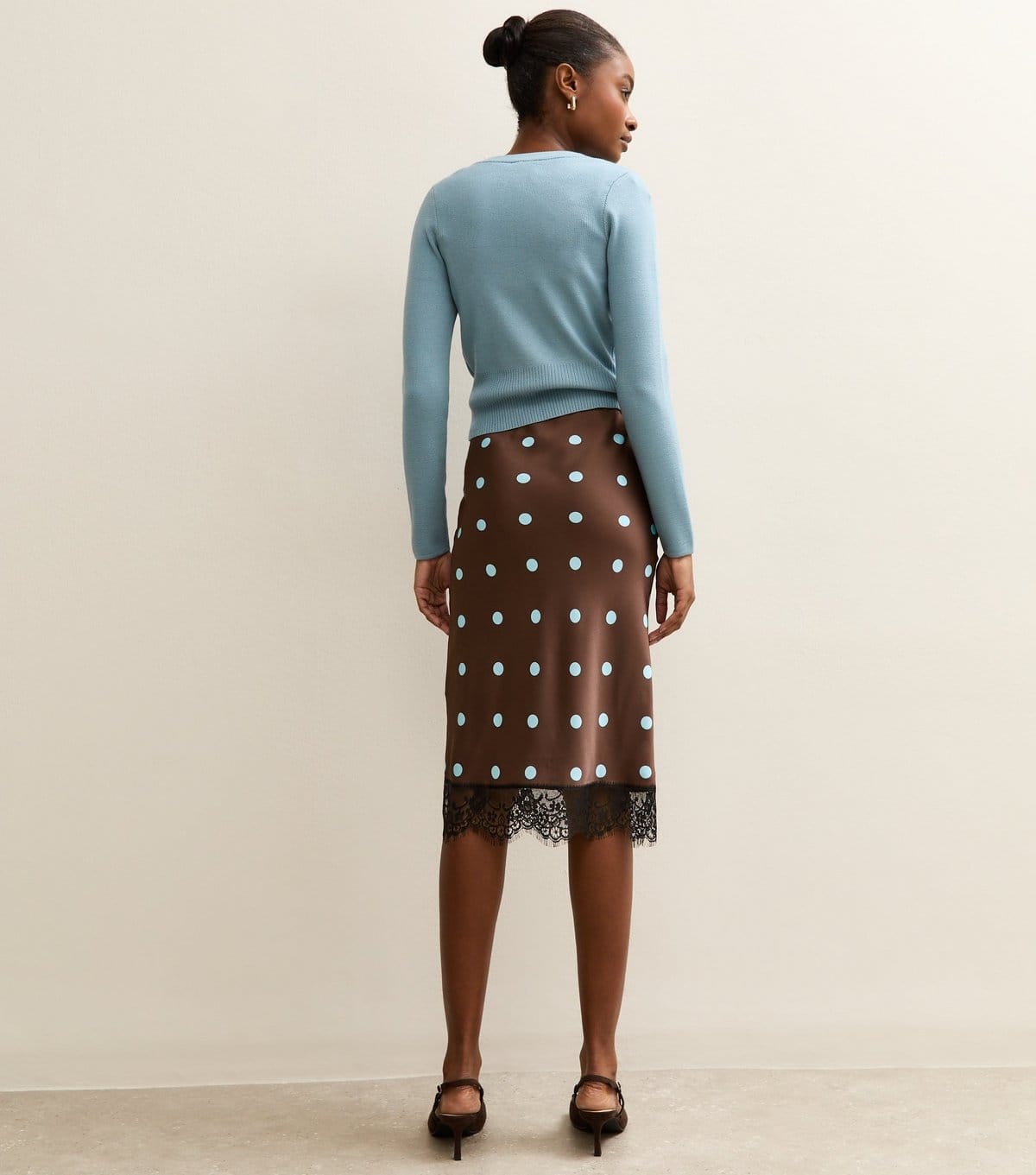 New Look Women's Brown Satin Polka Dot Lace Hem Midi Skirt New Look - 4