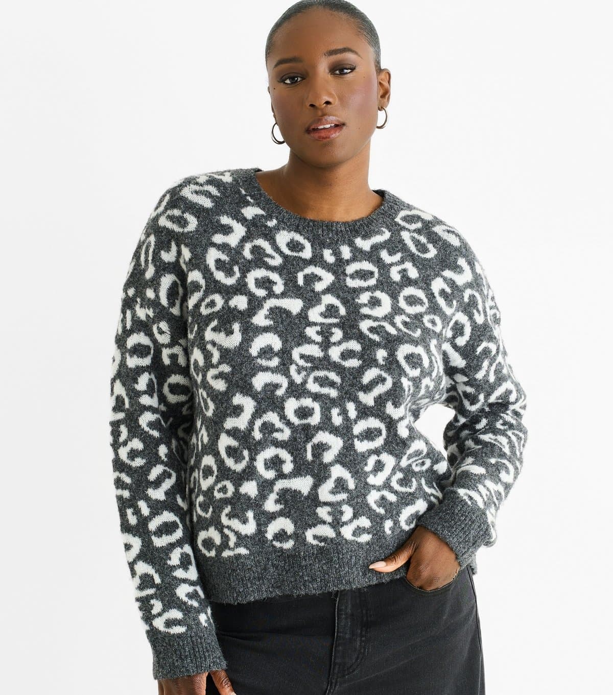 Gini London Women's Grey Leopard Pattern Knit Jumper Gini London New Look