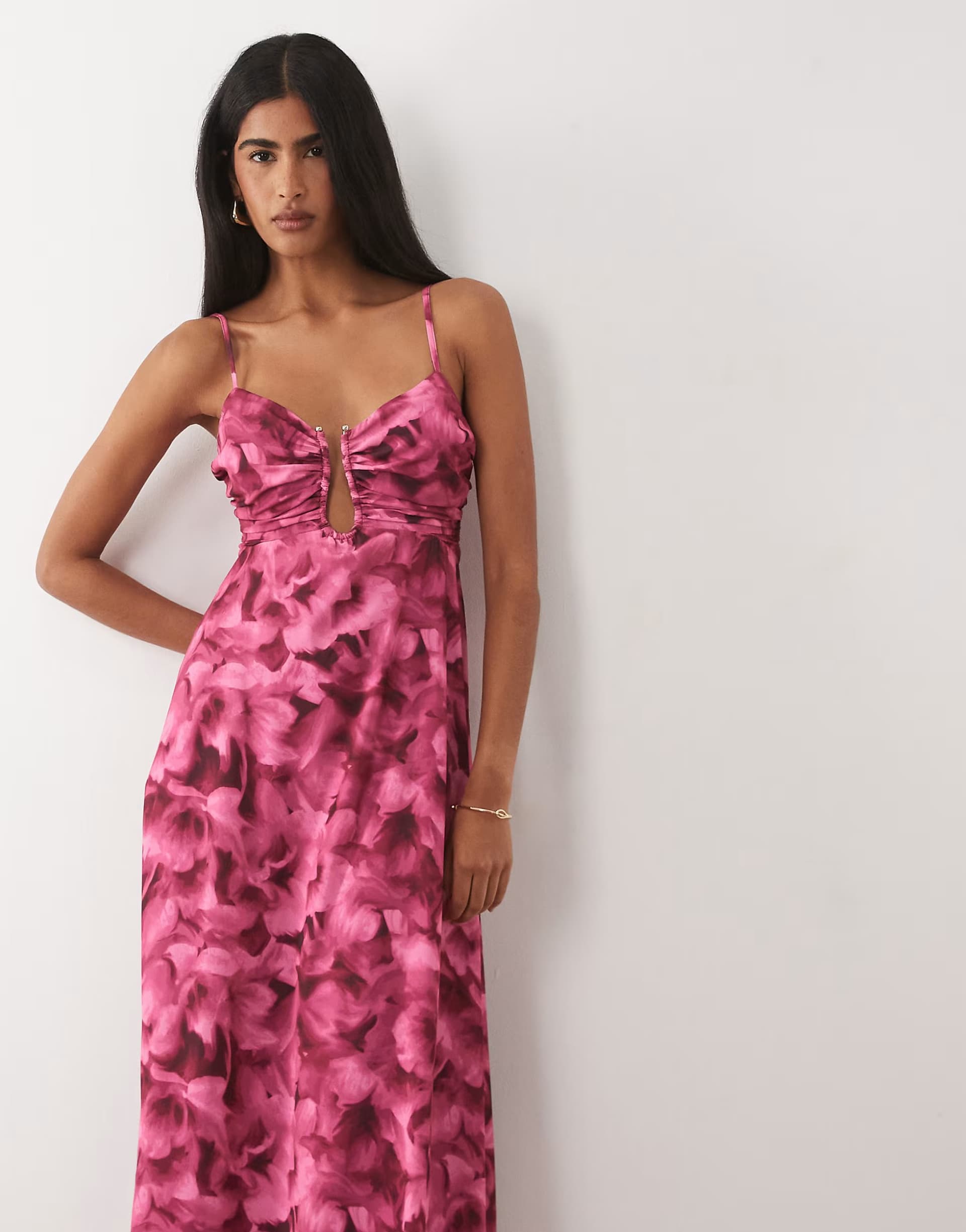 ASOS Abercrombie & Fitch cut out detail flowy maxi dress with built in bra in pink floral print