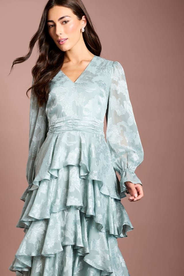 Coast Coast Women's Satin Jacquard Tiered Blouson Sleeve Midi Dress in Sage - 2