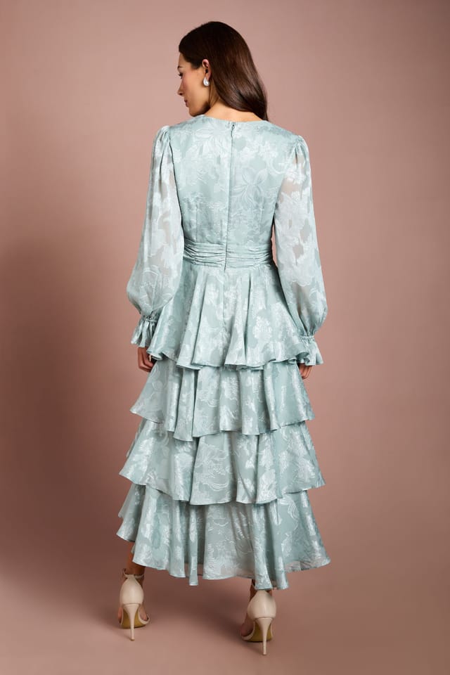 Coast Coast Women's Satin Jacquard Tiered Blouson Sleeve Midi Dress in Sage - 3