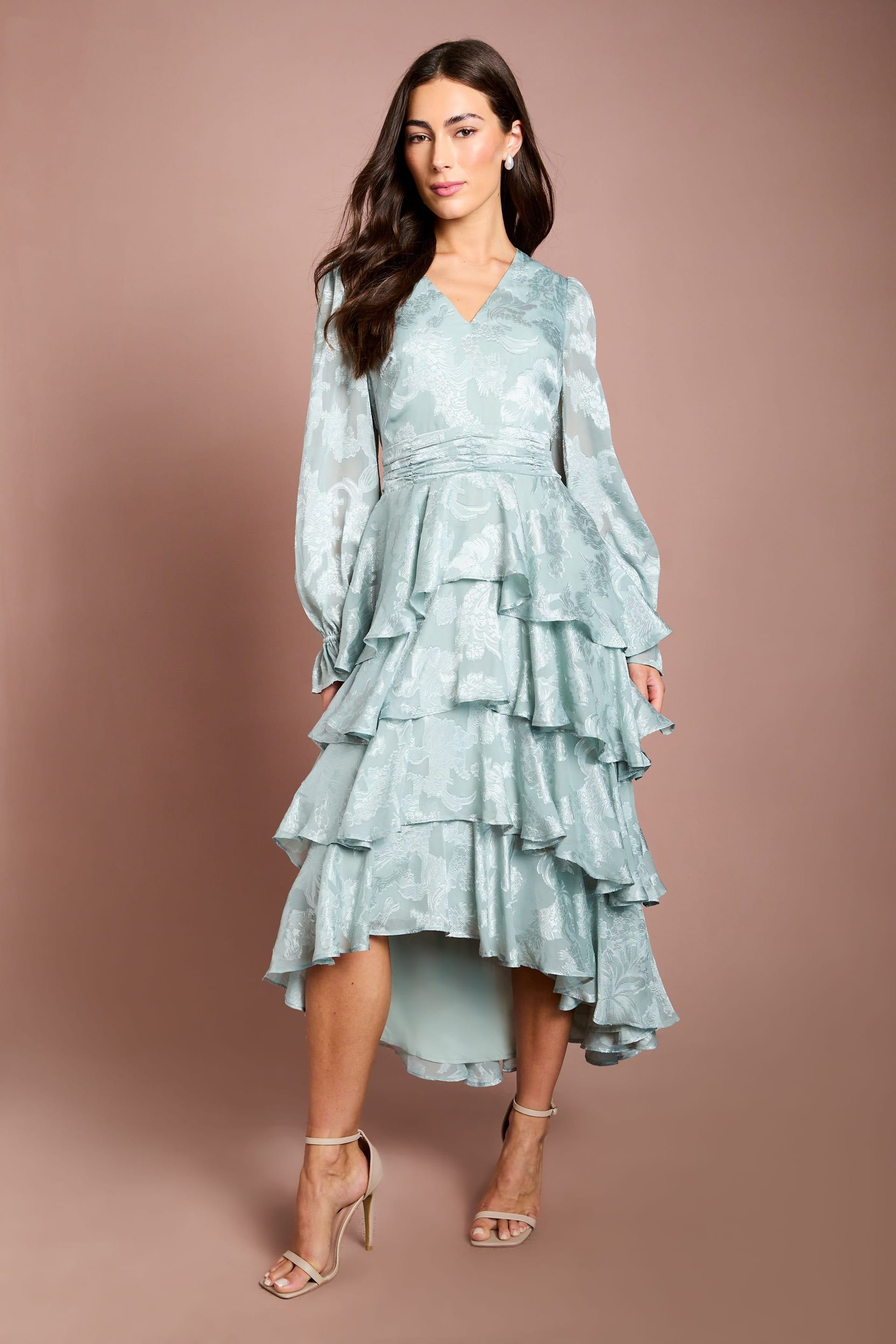 Coast Coast Women's Satin Jacquard Tiered Blouson Sleeve Midi Dress in Sage - 4