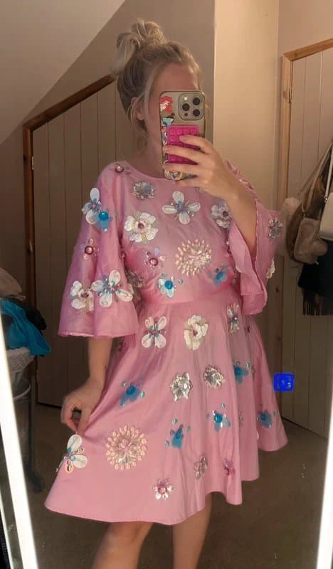 ASOS ASOS luxe 3d floral beaded embellished pink races short dress wedding guest size 8 10 s batwing