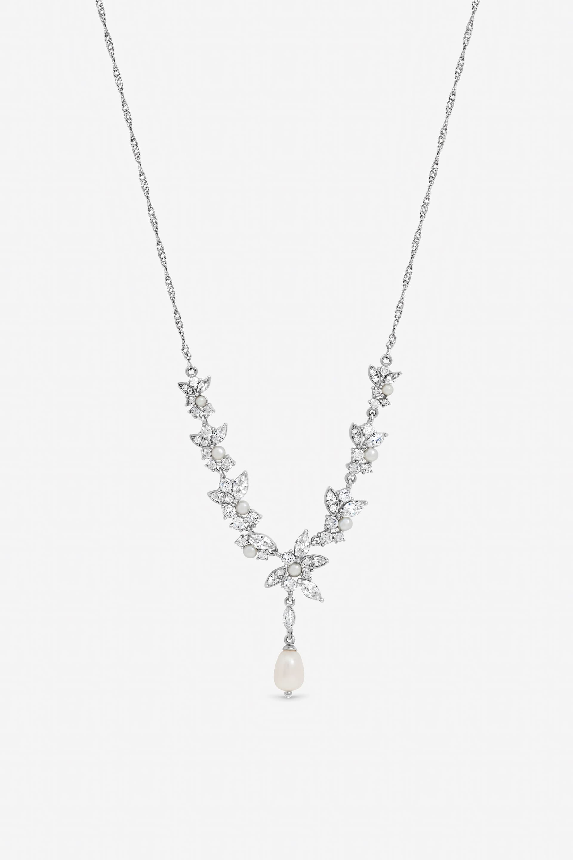 Jon Richard Jon Richard Women's Rhodium Plated Crystal & Freshweater Pearl Y-Drop Necklace in Silver
