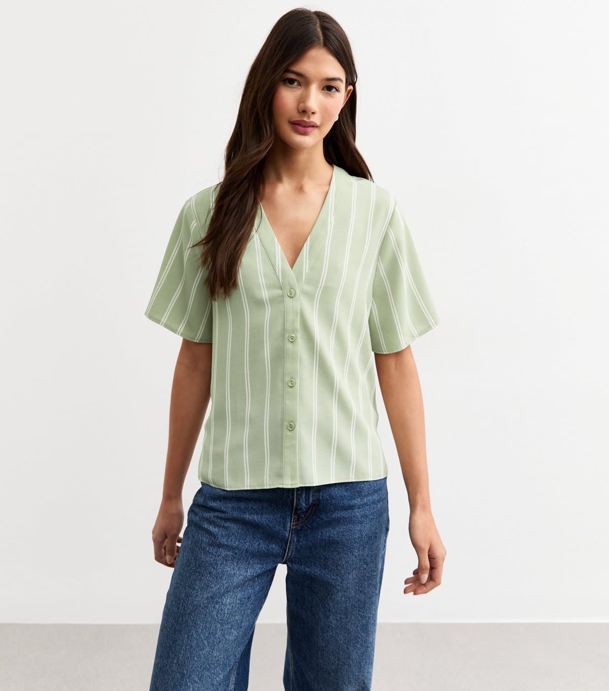 New Look Women's Green Striped Short Sleeve Shirt New Look