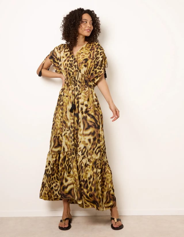 Blue Vanilla Animal Print Cross Over Channel Sleeve Kimono Maxi Dress - 3