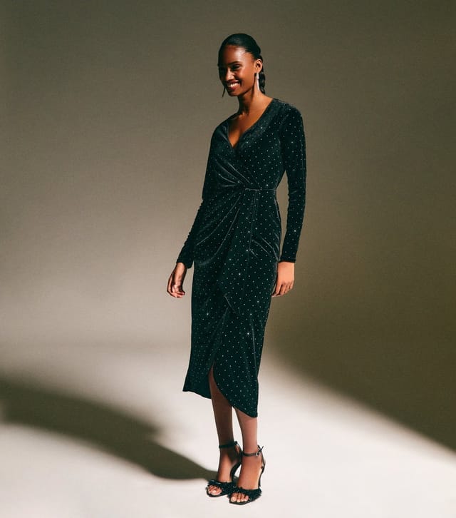 New Look Women's Black Velvet Diamante Embellished Wrap Midi Dress New Look - 2